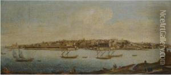Malta, A View Of Valetta From Marsamxett Harbour Oil Painting - To Alberto Pullicino