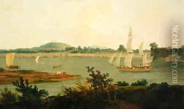 Pinnace Sailing Down the Ganges past Monghyr Fort Oil Painting - Thomas Daniell