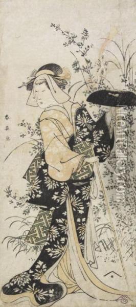 A Standing Figure Holding A Staff And A Wide Brimmed Hat Amongst Flowering Grasses Oil Painting - Katsukawa Shunei