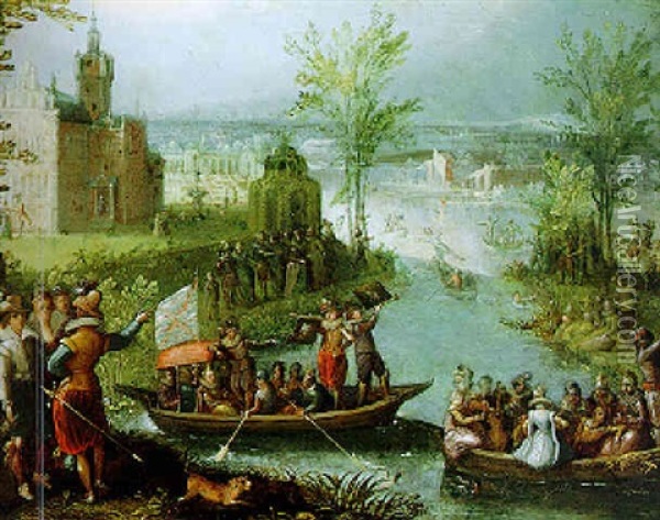 A River Landscape With Elegant Figures Boating And A Palace With An Extensive Garden Beyond Oil Painting - Louis de Caullery