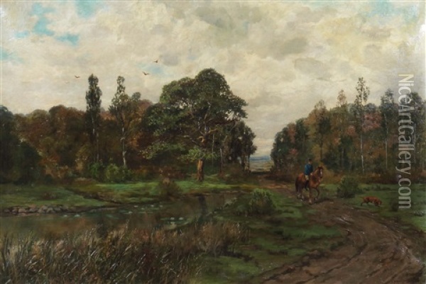 Reiter Mit Seinem Jagdhund Auf Einem Waldweg Oil Painting - Charles Schreyvogel