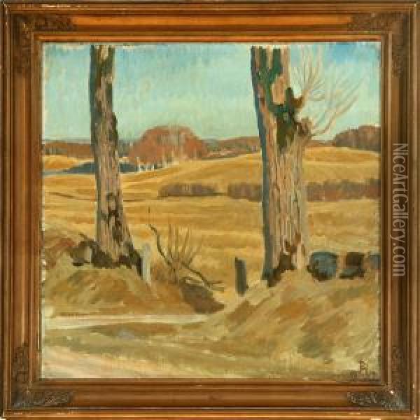 Danish Autumn Landscape On Funen Island. Signed With A Monogram And Dated 1917 Oil Painting - Peter Marius Hansen