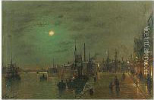 Fl. -, Harbour Scene At Night, Oil On Canvas, 42 By 61 Cm.; 16i By 24 In Oil Painting - Wilfred Jenkins
