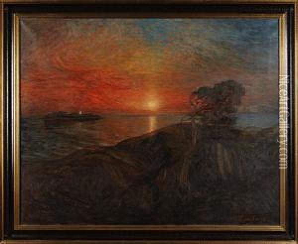 Solnedgangvi Vanern Signerad Oil Painting - Axel Zachrison