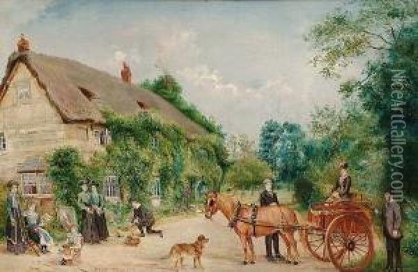 View Of A Village, With Figures And A Pony And Trap Oil Painting - Edwin Frederick Holt