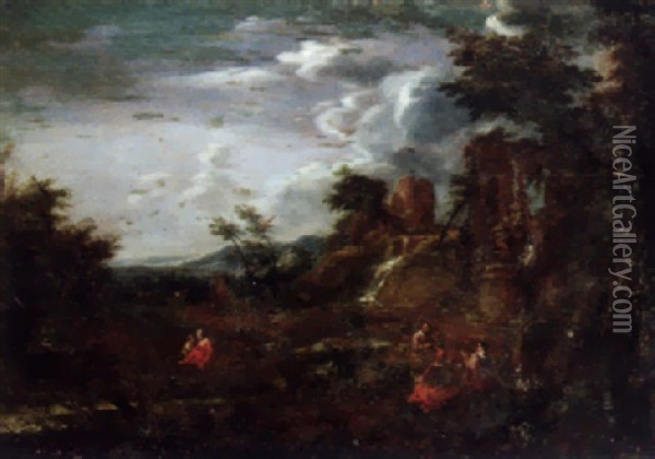 An Italianate Landscape With Artists Sketching Amongst Ruins Oil Painting - Joachim Franz Beich