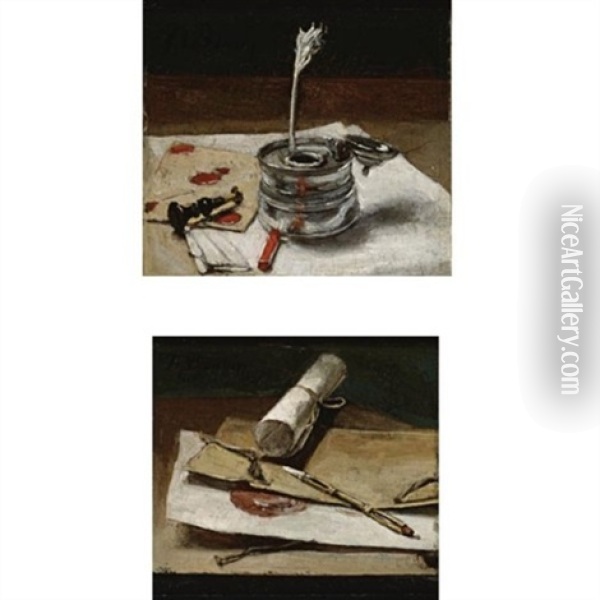 Still Life Of An Inkwell With A Quill, A Seal And Red Lacquer (+ A Portefeuille With Documents And A Crayon Holder; Pair) Oil Painting - Francois Bonvin