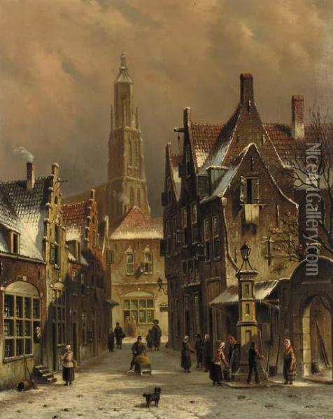 Numerous Townsfolk In A City In Winter Oil Painting - Oene Romkes De Jongh