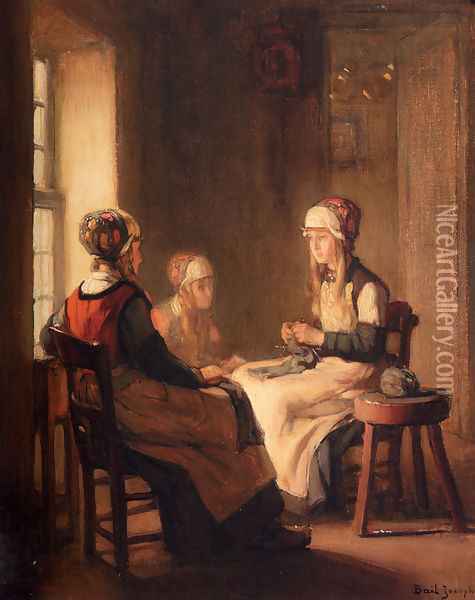 A Interior With Marken Girls Knitting Oil Painting - Claude Joseph Bail