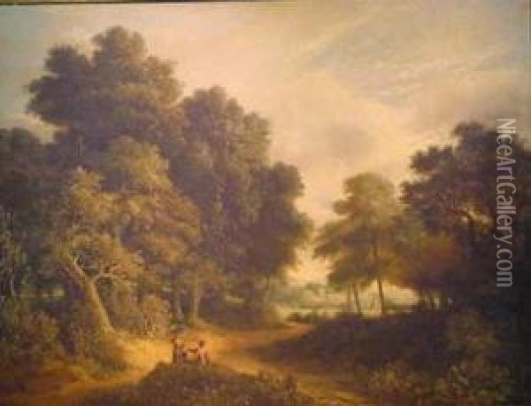 Figures At Rest In A Wooded Landscape Oil Painting - Robert Ladbrooke