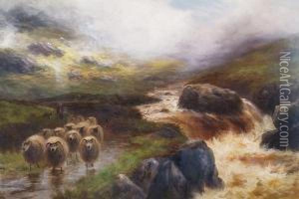 Shepherd And Flock By A Highland Stream Oil Painting - John Blake Macdonald