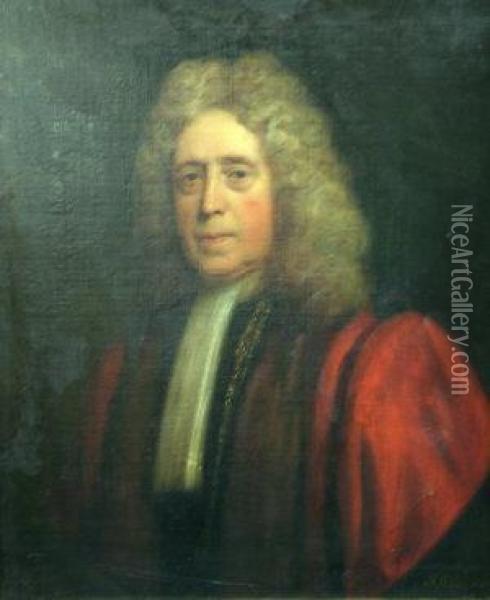 Portrait Of A Gentleman 
Traditionally Held To Be Sir John Shorter, Quarter-length In A Red Coat,
 Feigned Vignette Oil Painting - Sir Godfrey Kneller