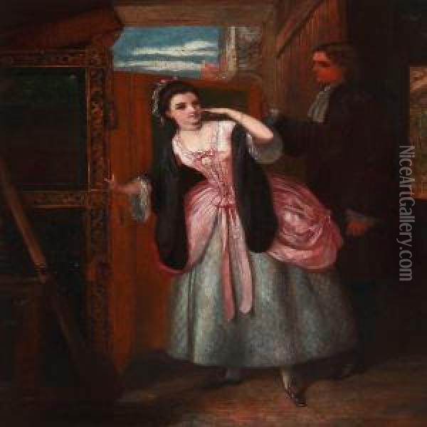 An Interior With A Young Flirting Couple Oil Painting - Newton C. Taylor