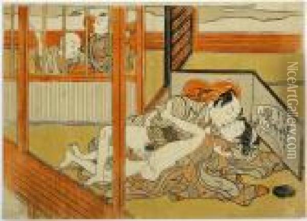 Peeping, Shunga Oil Painting - Isoda Koryusai