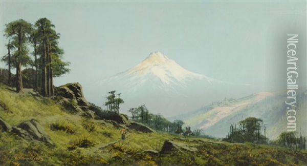 Mount Shasta From The East With A Native American Woman On A Path And Two Teepees In The Middle Ground Oil Painting - William Weaver Armstrong