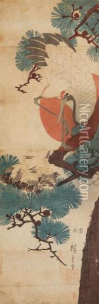 Een Kraanvogel Staande Op Een Tak Van Een Pijnboom Bij Een Nest Met
Drie Jongen Oil Painting - Utagawa or Ando Hiroshige