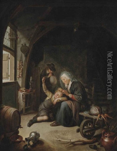 A Woman Deloucing A Child Oil Painting - Gerrit Dou