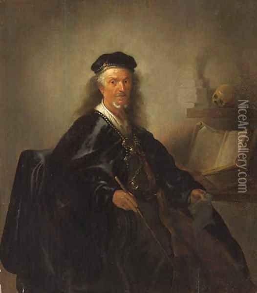 Portrait of a Mathematician, seated three-quarter-length, in a black cloak, holding a stick and a piece of paper, a book of geometry beside him Oil Painting - Paulus Lesire