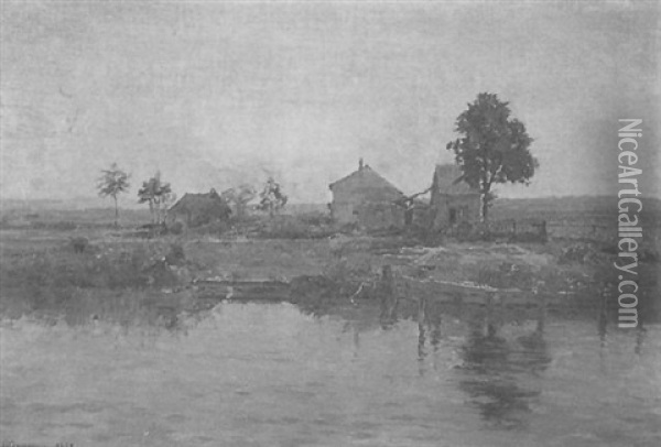 Farmhouse By The River Oil Painting - Edmond Marie Petitjean
