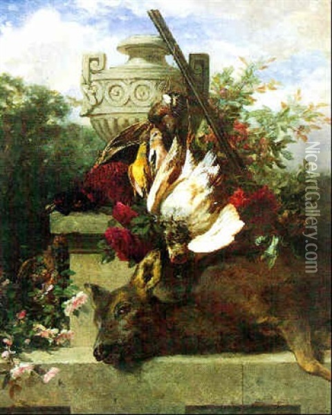 Jagdstilleben Mit Vogeln, Reh Und Blumen Oil Painting - Jean-Baptiste Robie