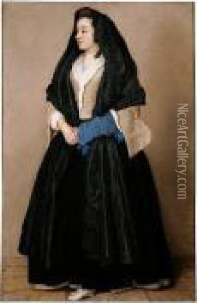 Portrait Of An Elegant Woman Wearing A Black Shawl Oil Painting - Etienne Liotard
