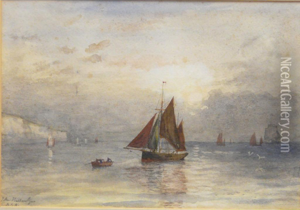 Sailing Ships In A Coastal Landscape Oil Painting - John Ballantyne