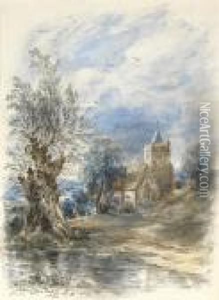 A Willow Beside Water, A Church Beyond Oil Painting - John Constable