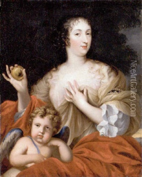 Portrait Of A Lady As Venus Seated In A White Dress With A Red Mantle, Holding A Golden Apple, With Cupid Beside Her Oil Painting - Pierre Mignard the Elder
