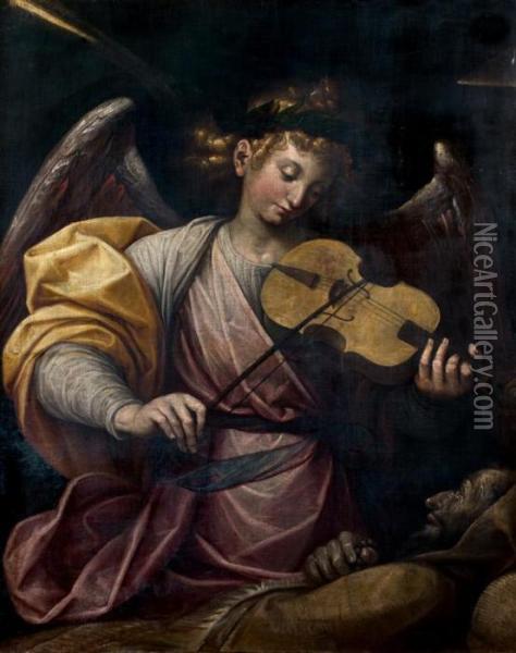L'ange Musicien Consolant Saint Francois D'assise Oil Painting - Guglielmo Caccia