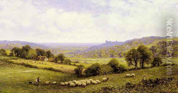 Near Amberley, Sussex, with Arundel Castle in the Distance Oil Painting - Alfred Glendening