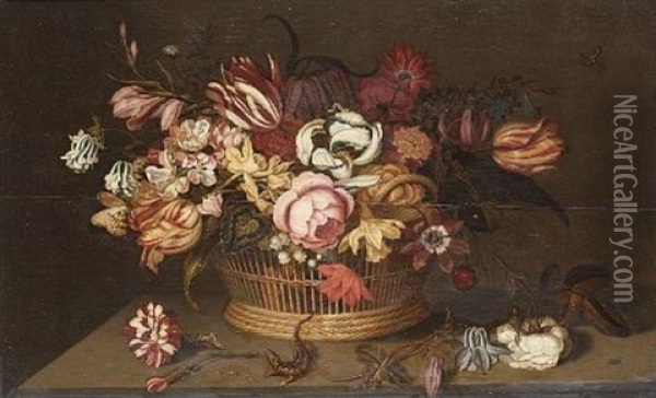 Tulips, An Iris, Narcissi, A Peony And Other Flowers In A Basket With A Carnation, A Rose And A Lizard On A Table-top Oil Painting - Ambrosius Bosschaert the Younger