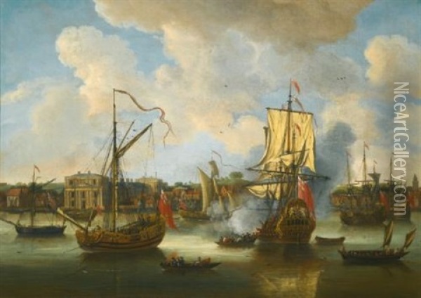A Fifth-rate Man Of War Saluting An Admiralty Yacht Arriving In The Thames Off Greenwich Palace, With Merchant Shipping Beyond Oil Painting - Isaac Sailmaker