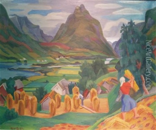 Mountainous Landscape With Harvesters And Haystacks Oil Painting - Nils Krantz