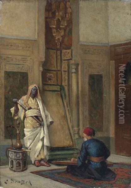 A Musician And A Guardsman In An Oriental Interior Oil Painting - Ludwig Deutsch