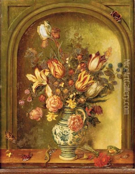 Tulips, Roses, Lilies And Other Flowers With Blackberries And Gooseberries In A Porcelain Vase On A Wooden Ledge Before A 'trompe L'oeil' Niche Oil Painting - Johannes Baers
