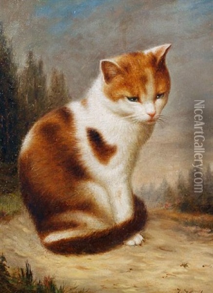 A Cat In A Landscape Oil Painting - Julius Hamburger