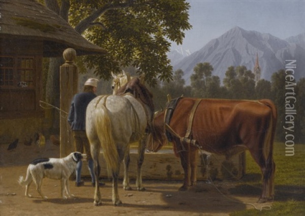 Pferd Und Ochse Am Brunnen, Im Hintergrund Der Niesen Oil Painting - Johann Jakob Biedermann
