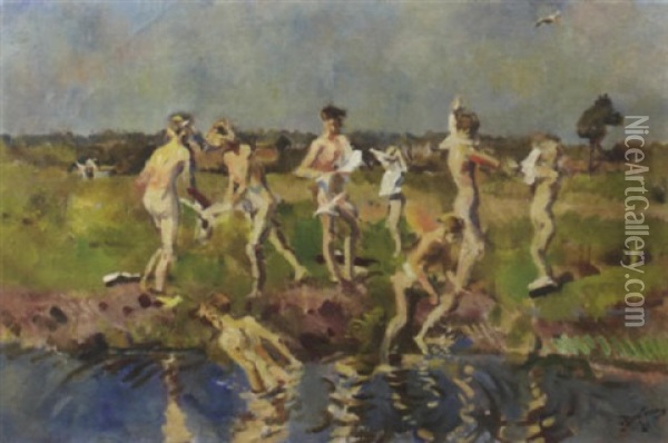 Young Bathers At The River Aa, Near Zeegse, Drente Oil Painting - Erasmus Bernhard Van Dulmen Krumpelman