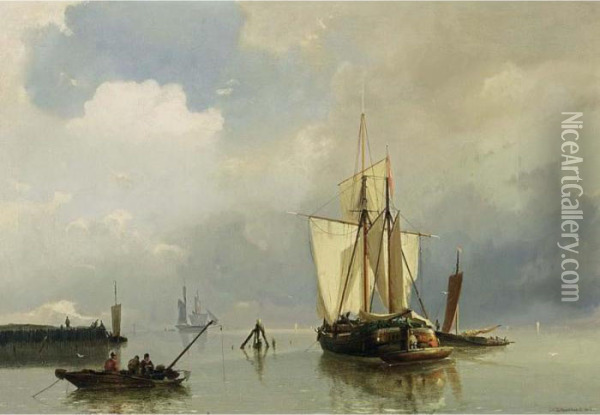 Shipping In A Calm Oil Painting - Johannes Hermann Barend Koekkoek