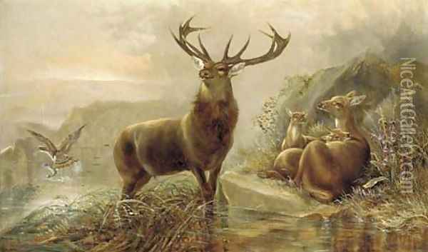 A stag with hinds by a loch Oil Painting - Robert Cleminson
