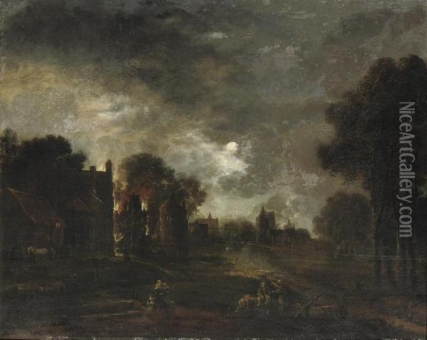 A Moonlit River Landscape With A Town On Fire Oil Painting - Aert van der Neer