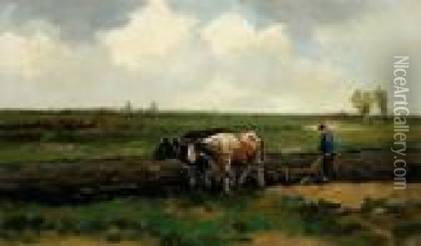 A Ploughing Farmer In A Landscape Oil Painting - Willem George Fred. Jansen