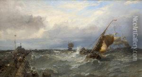 A Stormy Day With Sailing Boats Off A Pier Oil Painting - Edwin Hayes