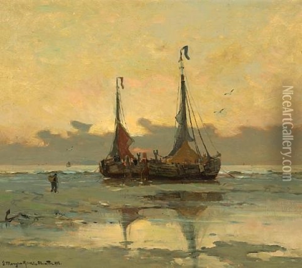 Fishing Boats At Low Tide Oil Painting - Gerhard Arij Ludwig Morgenstjerne Munthe