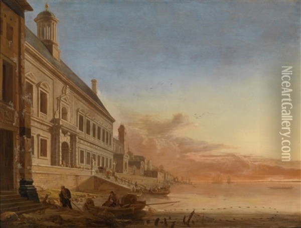 Ein Palast An Einer Sudlichen Hafenpromenade Im Abendlicht Oil Painting - Gerard Houckgeest