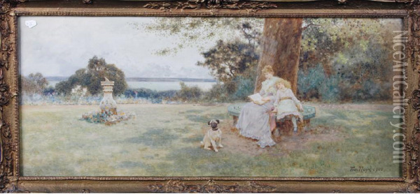 An Edwardian Woman Reading To Her Daughter Beneath A Tree In A Garden With A Pug Sitting Before Them Oil Painting - Thomas Lloyd