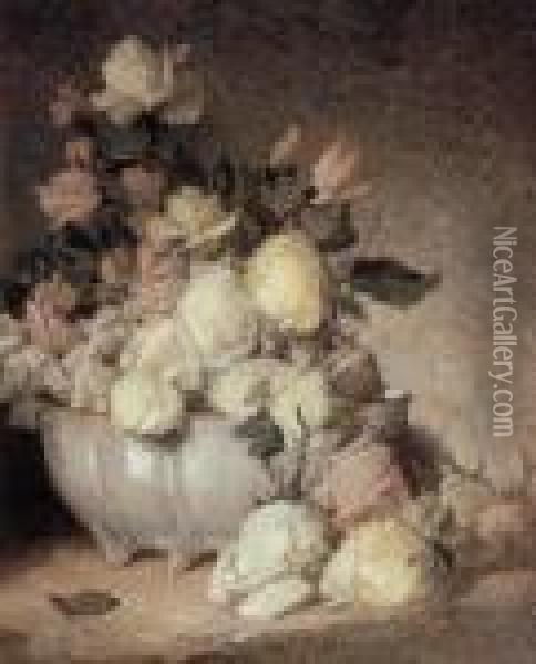 Roses In A Porcelain Bowl Oil Painting - John Ferguson Weir