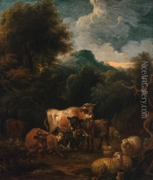 A Pastoral Landscape With Cows, Sheep, And A Donkey Oil Painting - Michiel Carree