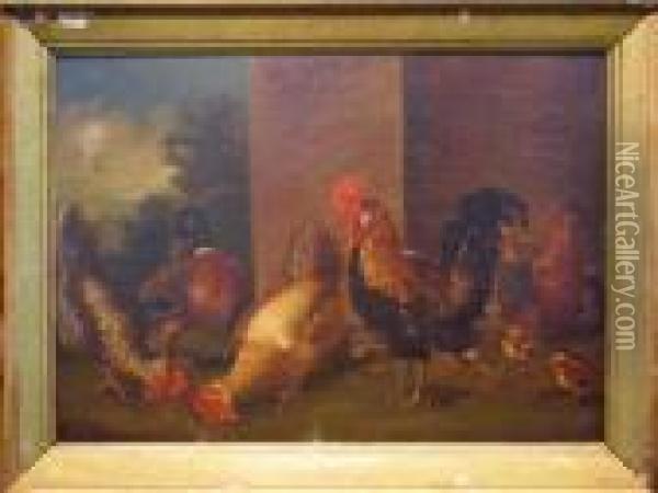 Fowl In A Barnyard Oil Painting - Tobias Stranover