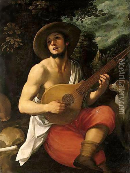 Portrait Of A Young Man, Three Quarter Length Seated, Playing A Cittern, A Landscape Beyond Oil Painting - Domenico Cresti (see Passignano)